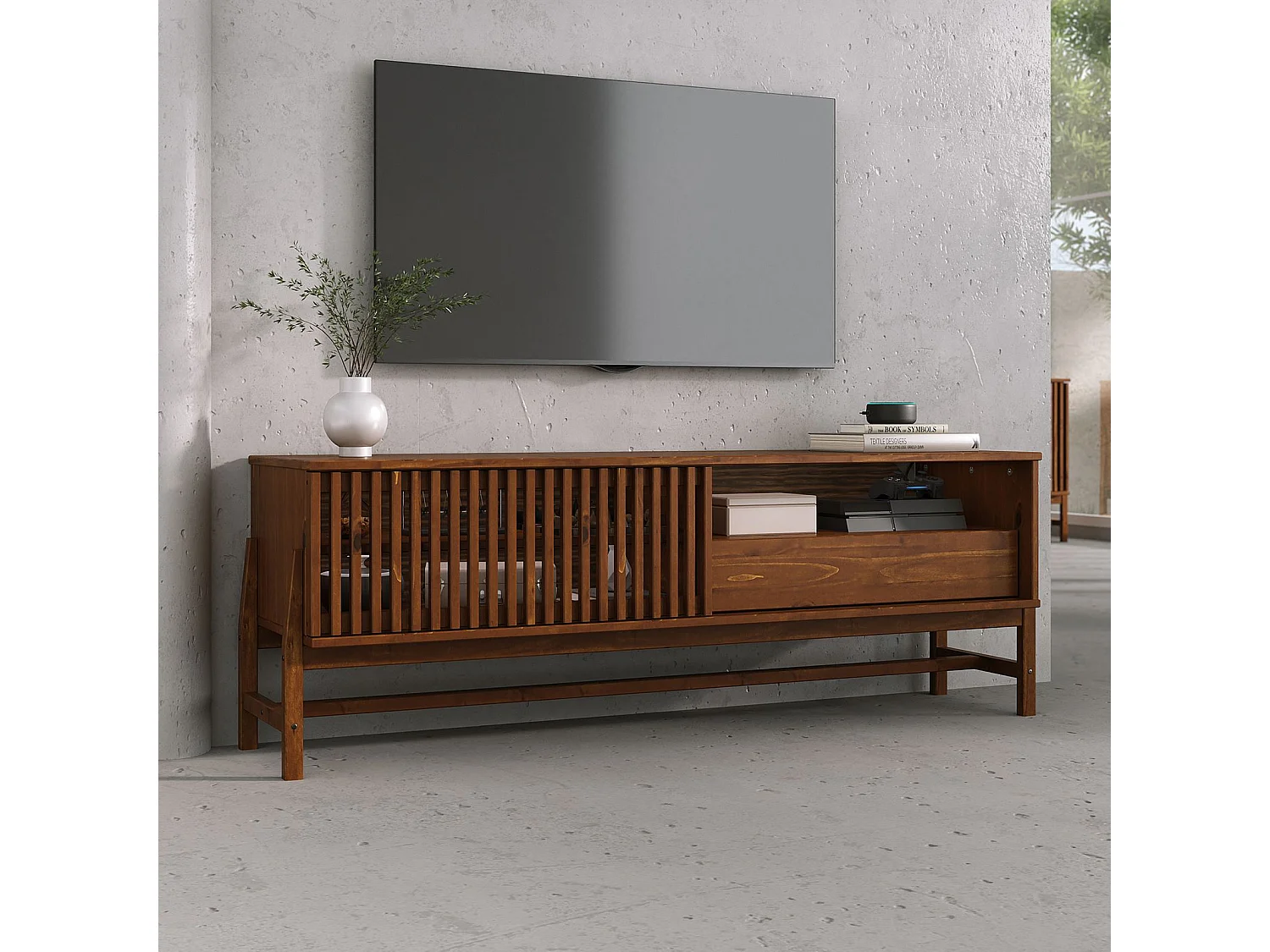 Meuble TV ADAMO L 145 cm en Bois Massif Couleur Châtaignier avec 1 Porte Coulissante, 1 Tiroir, pour TV jusqu'à 165 cm (65")