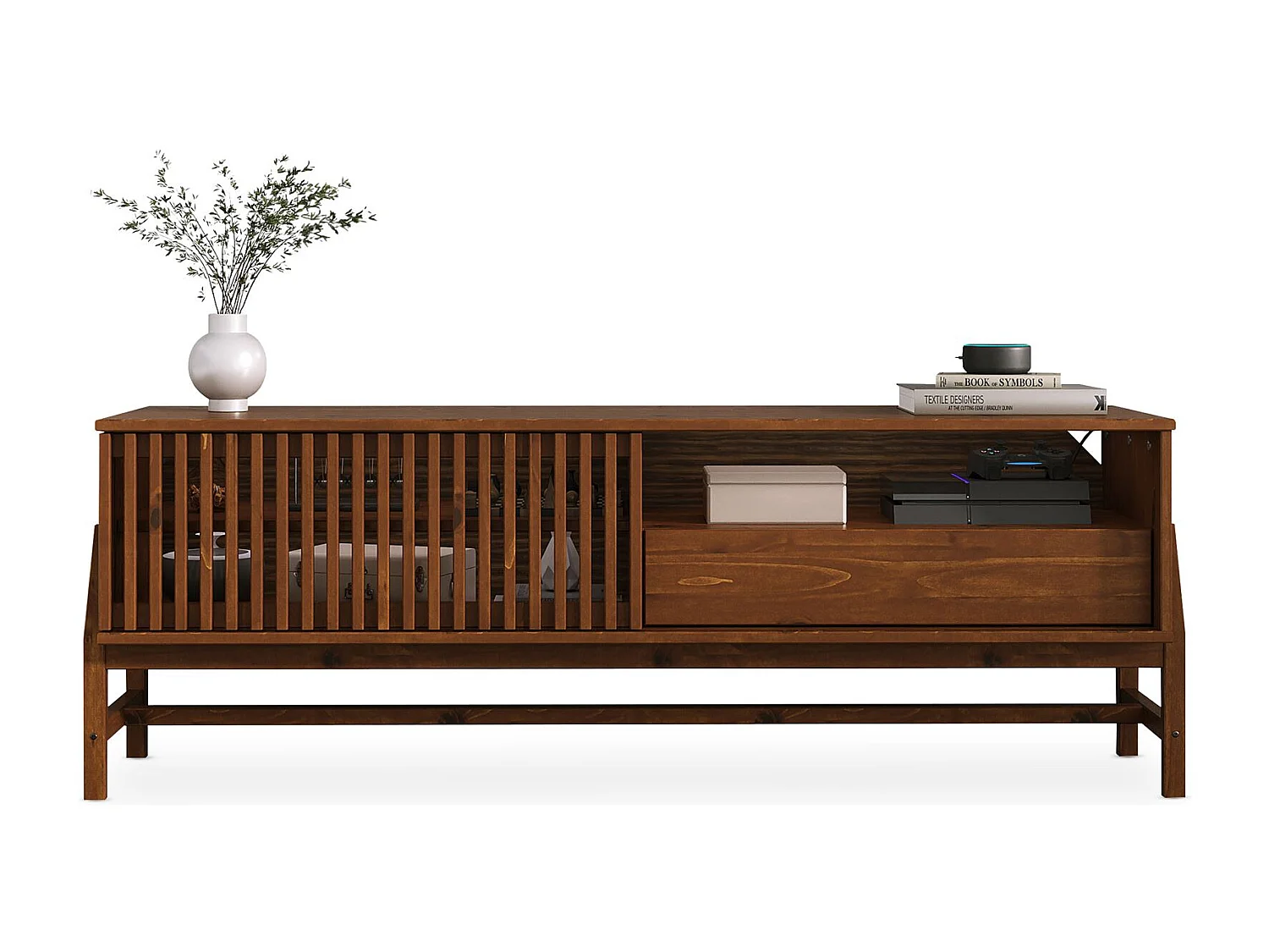 Meuble TV ADAMO L 145 cm en Bois Massif Couleur Châtaignier avec 1 Porte Coulissante, 1 Tiroir, pour TV jusqu'à 165 cm (65")