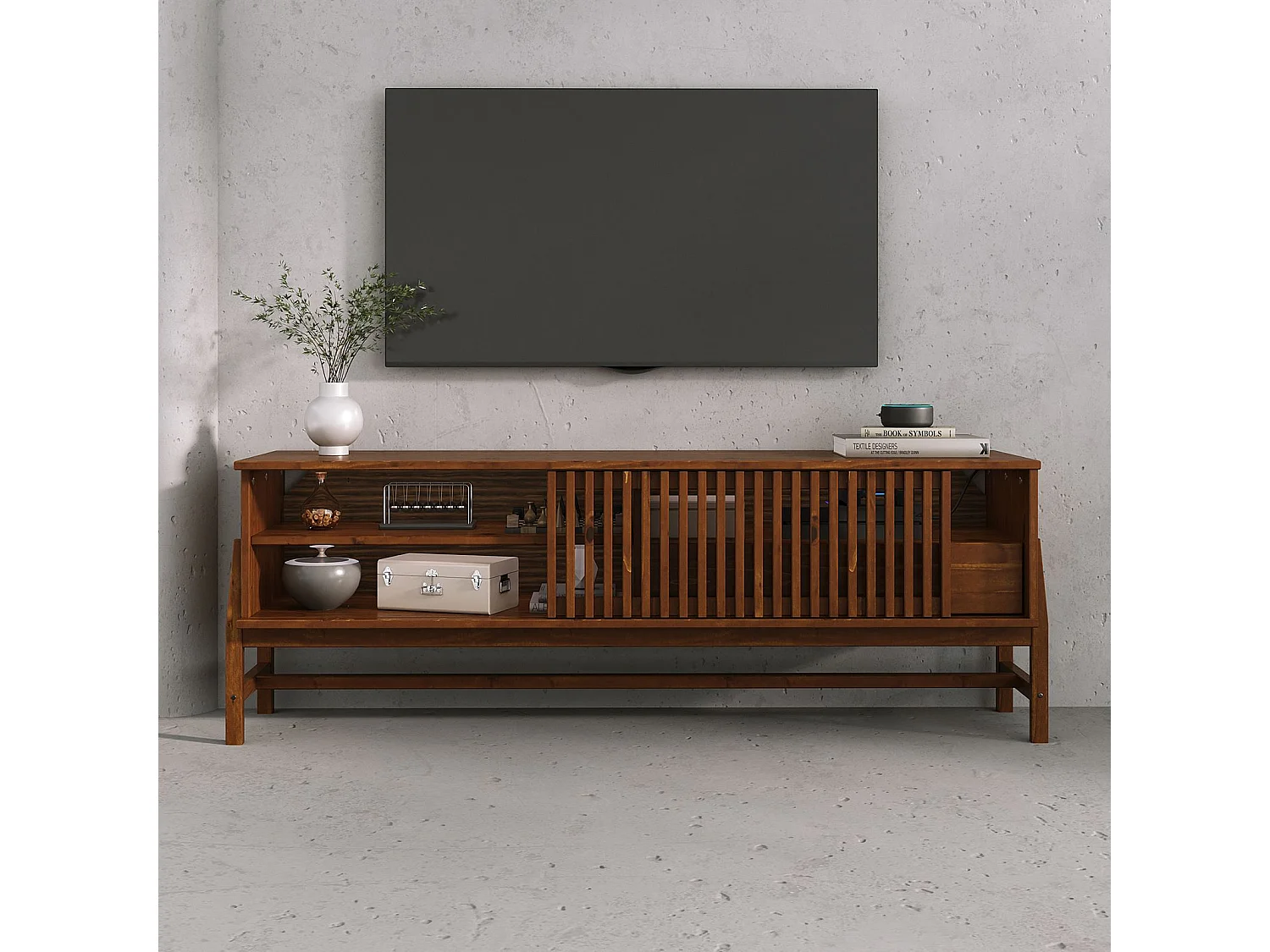 Meuble TV ADAMO L 145 cm en Bois Massif Couleur Châtaignier avec 1 Porte Coulissante, 1 Tiroir, pour TV jusqu'à 165 cm (65")