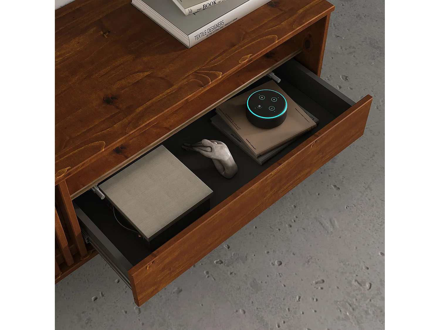 Meuble TV ADAMO L 145 cm en Bois Massif Couleur Châtaignier avec 1 Porte Coulissante, 1 Tiroir, pour TV jusqu'à 165 cm (65")