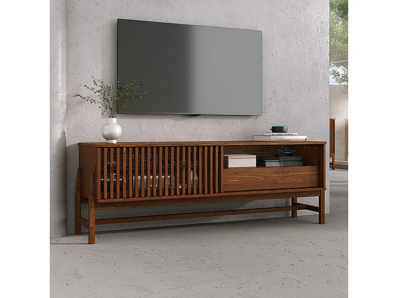 Meuble TV ADAMO L 145 cm en Bois Massif Couleur Châtaignier avec 1 Porte Coulissante, 1 Tiroir, pour TV jusqu'à 165 cm (65")