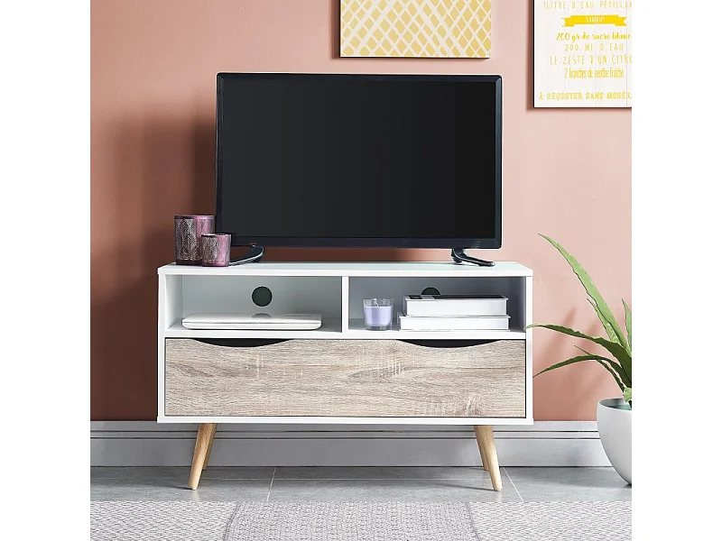 Meuble tv BELA blanc et effet chêne 90cm