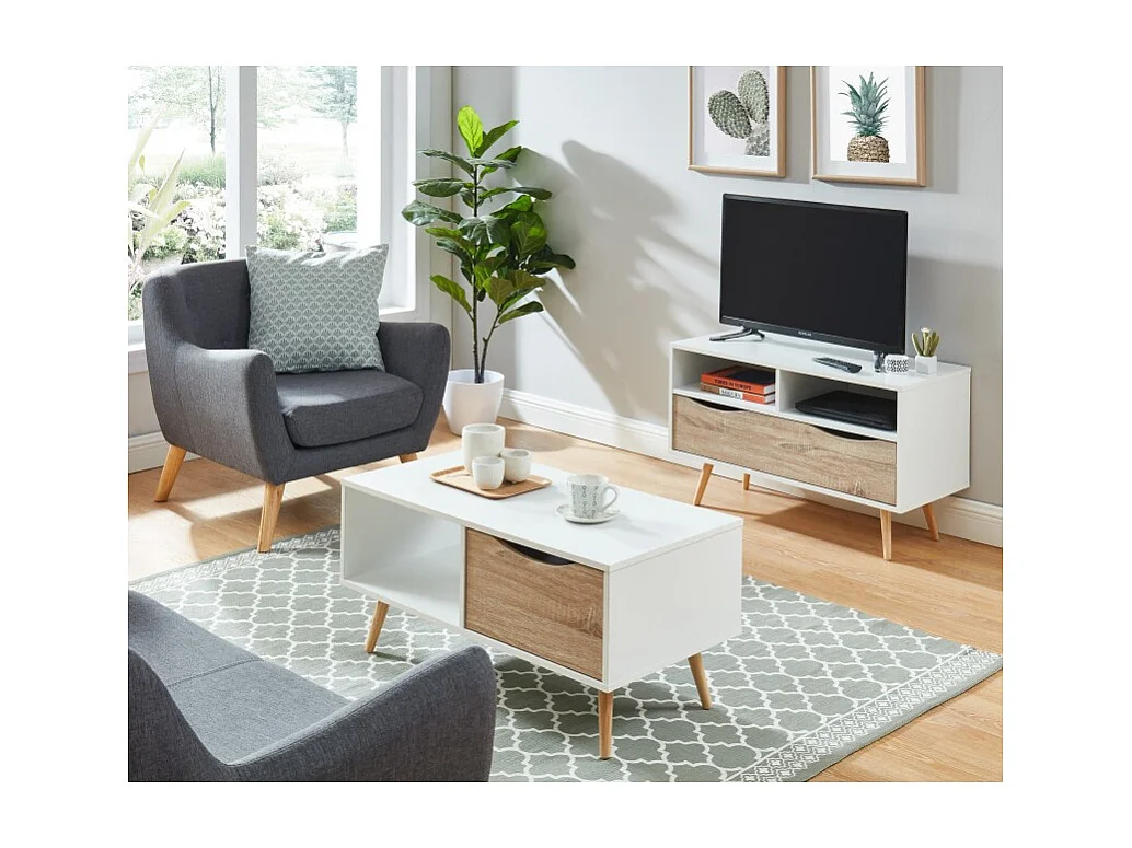 Meuble tv BELA blanc et effet chêne 90cm