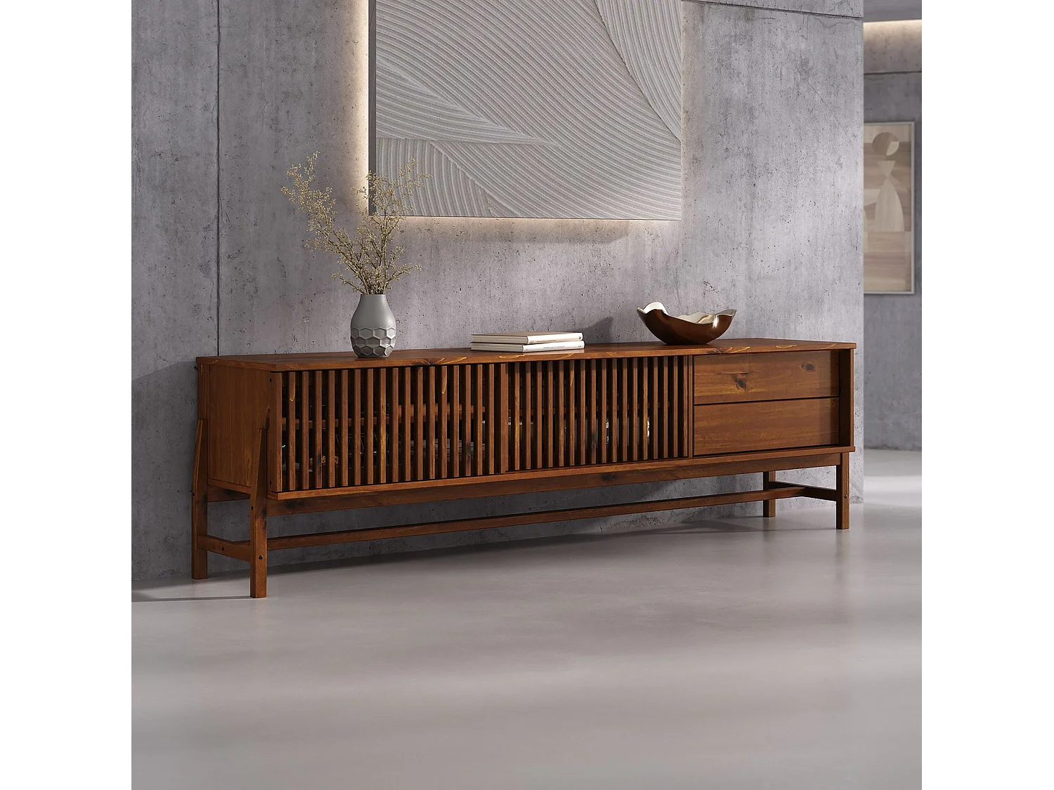 Meuble TV ADAMO L 180 cm en Bois Massif Couleur Châtaignier avec 2 Portes Coulissantes, 2 Tiroirs, Pour TV jusqu'à 203 cm (80")