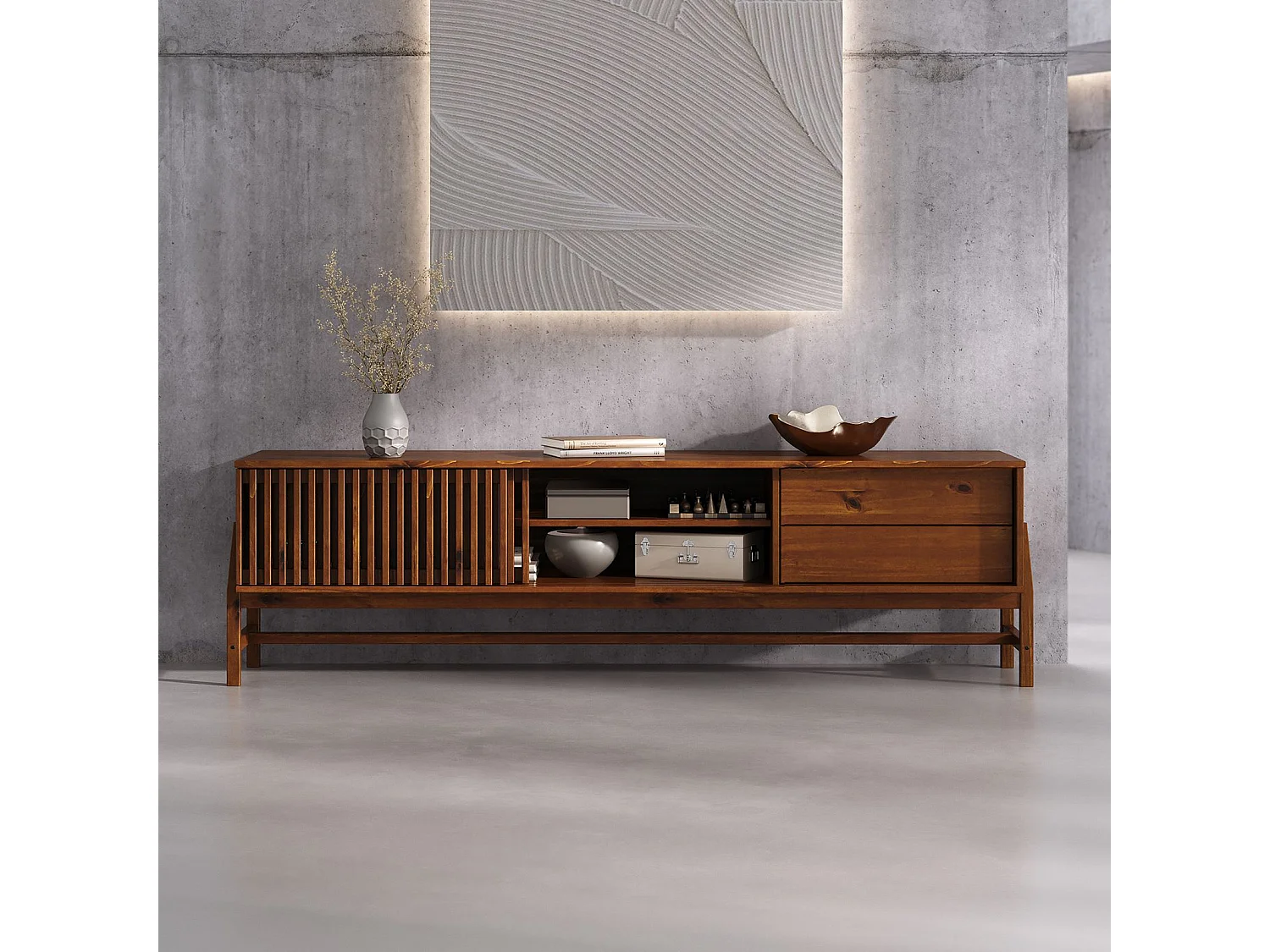 Meuble TV ADAMO L 180 cm en Bois Massif Couleur Châtaignier avec 2 Portes Coulissantes, 2 Tiroirs, Pour TV jusqu'à 203 cm (80")