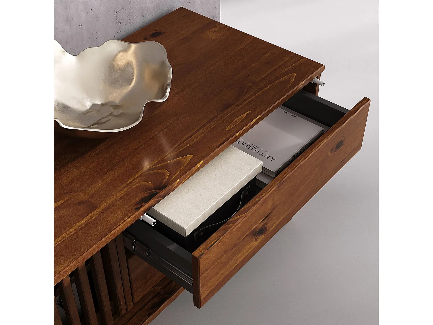 Meuble TV ADAMO L 180 cm en Bois Massif Couleur Châtaignier avec 2 Portes Coulissantes, 2 Tiroirs, Pour TV jusqu'à 203 cm (80")