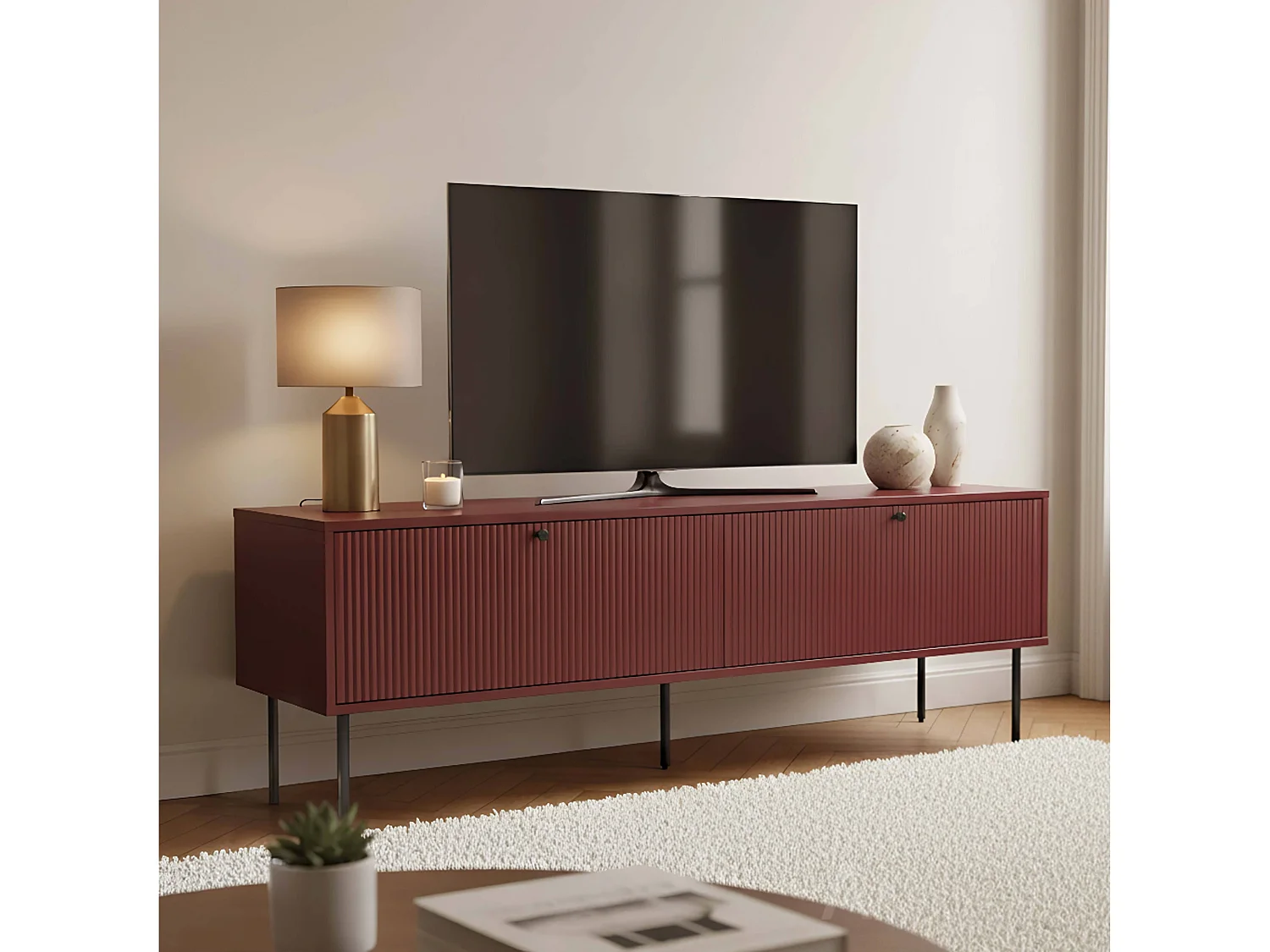 Meuble TV 2 portes en acier et MDF décor mélaminé 150 cm bordeaux
