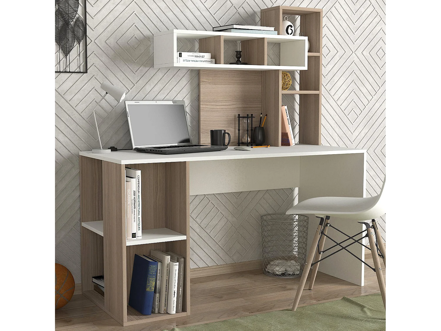 "Modernt Vitt Träskrivbord Coral med 8 Hyllor - 140 x 60 x 153 cm - Skandinavisk Stil"