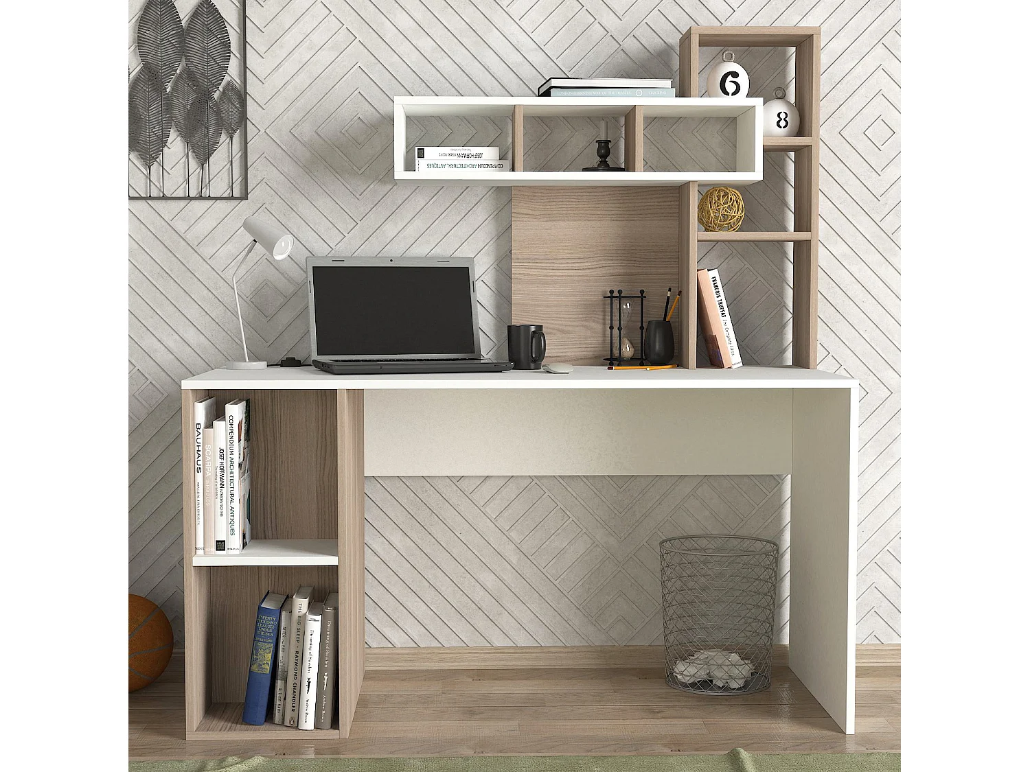 "Modernt Vitt Träskrivbord Coral med 8 Hyllor - 140 x 60 x 153 cm - Skandinavisk Stil"