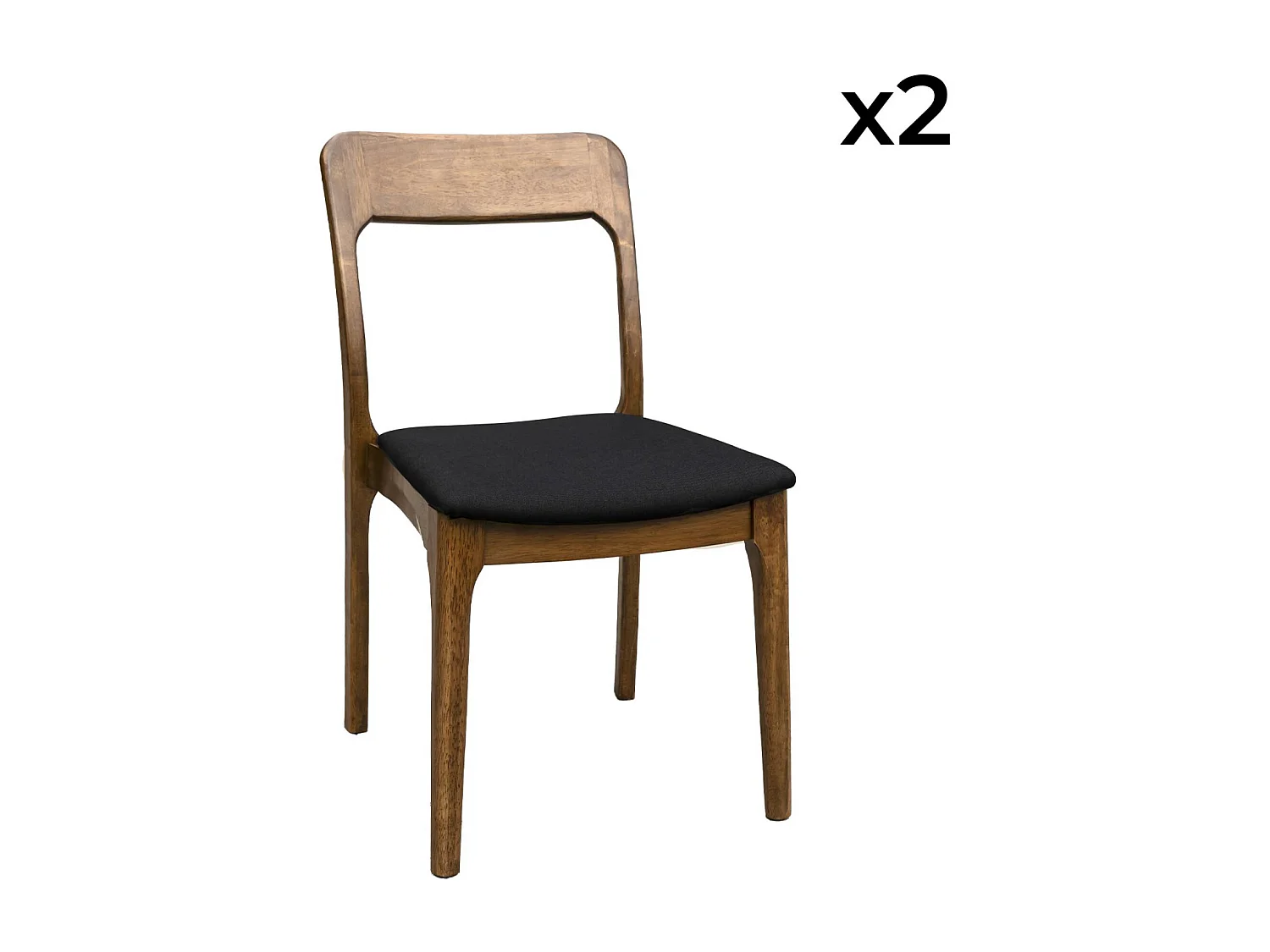Chaise vintage en bois d'hévéa teinte noyer et tissu noir. L 48 x P 58 x H 81.5cm (Lot de 2)