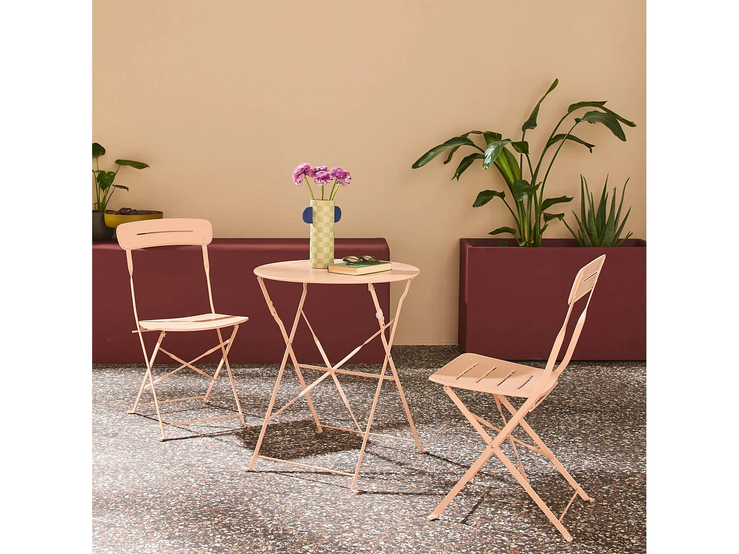 Table de jardin bistrot pliante ronde acier + 2 assises rose - Balconea