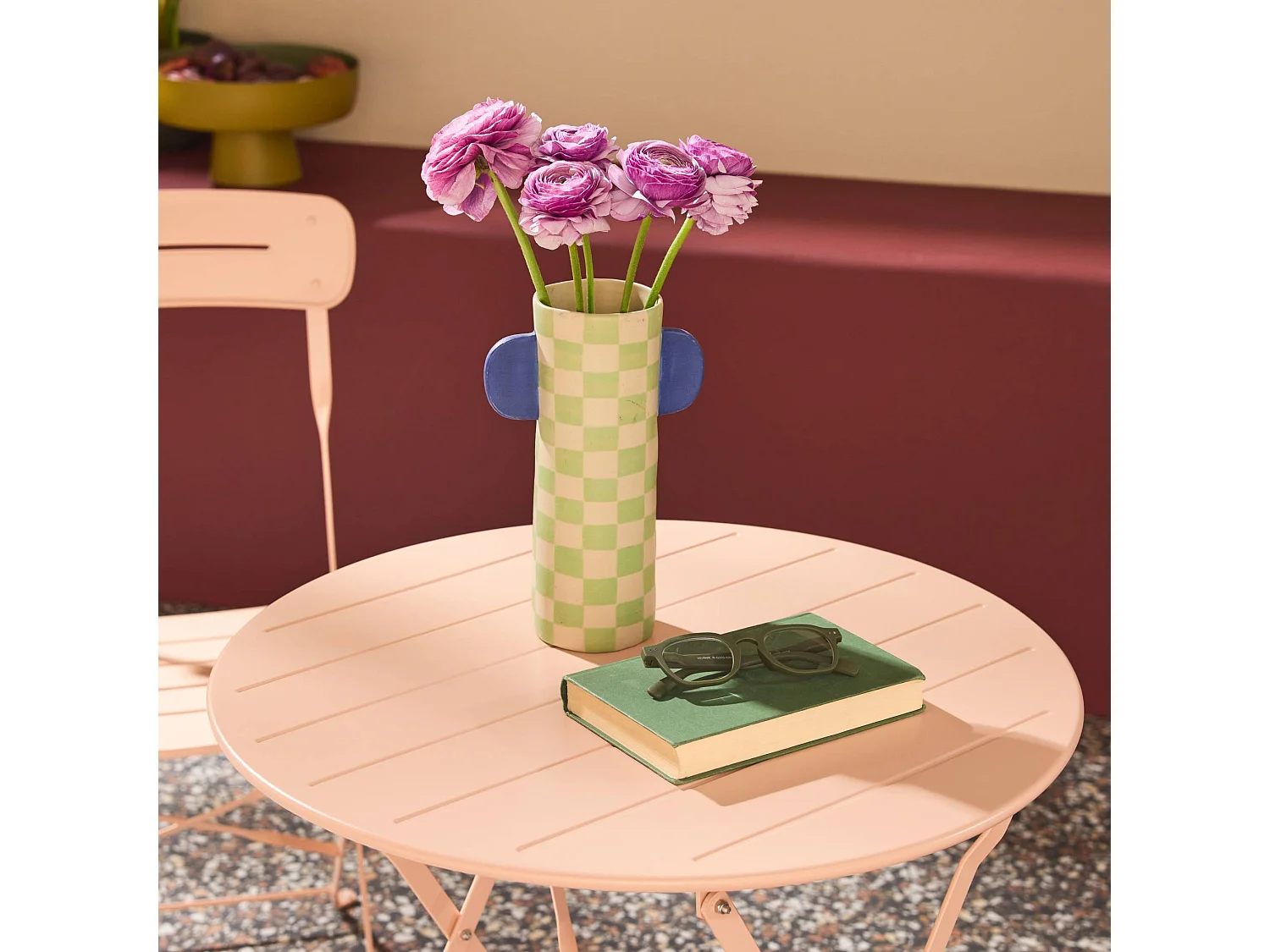 Table de jardin bistrot pliante ronde acier + 2 assises rose - Balconea