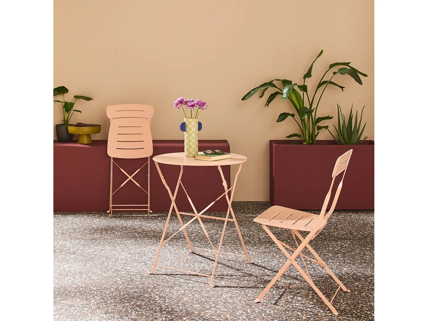 Table de jardin bistrot pliante ronde acier + 2 assises rose - Balconea