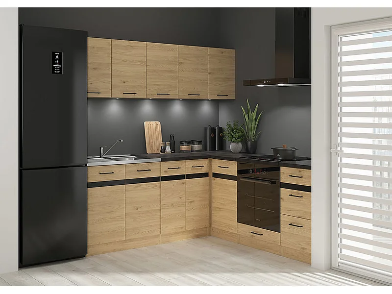 Cuisine d'angle complète 200x200 cm, Meubles de cuisine modulables coloris Chêne bernstein, plan de travail Noir inclus