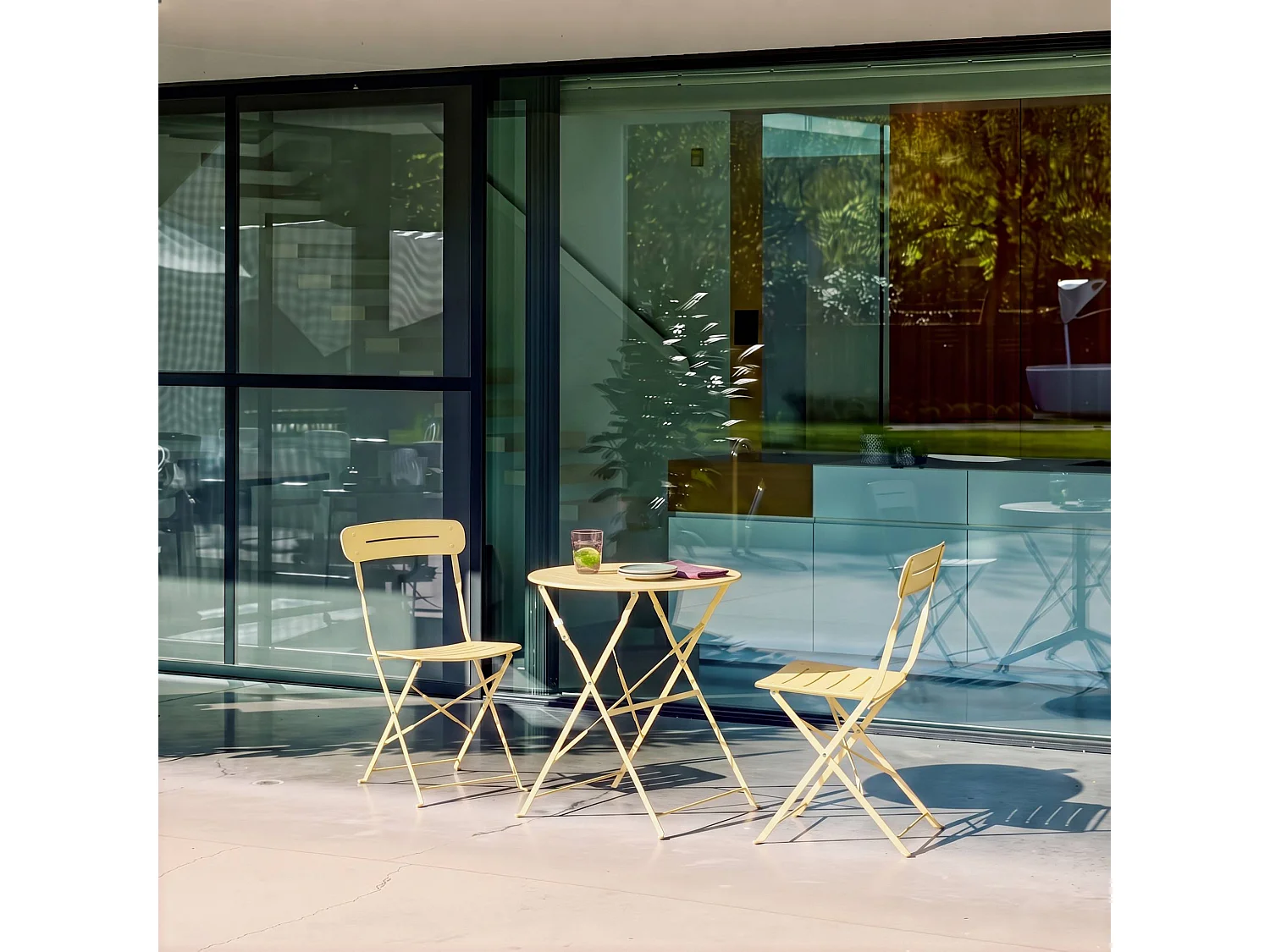 Set mesa de jardín bistró plegable redonda de acero con 2 sillas,