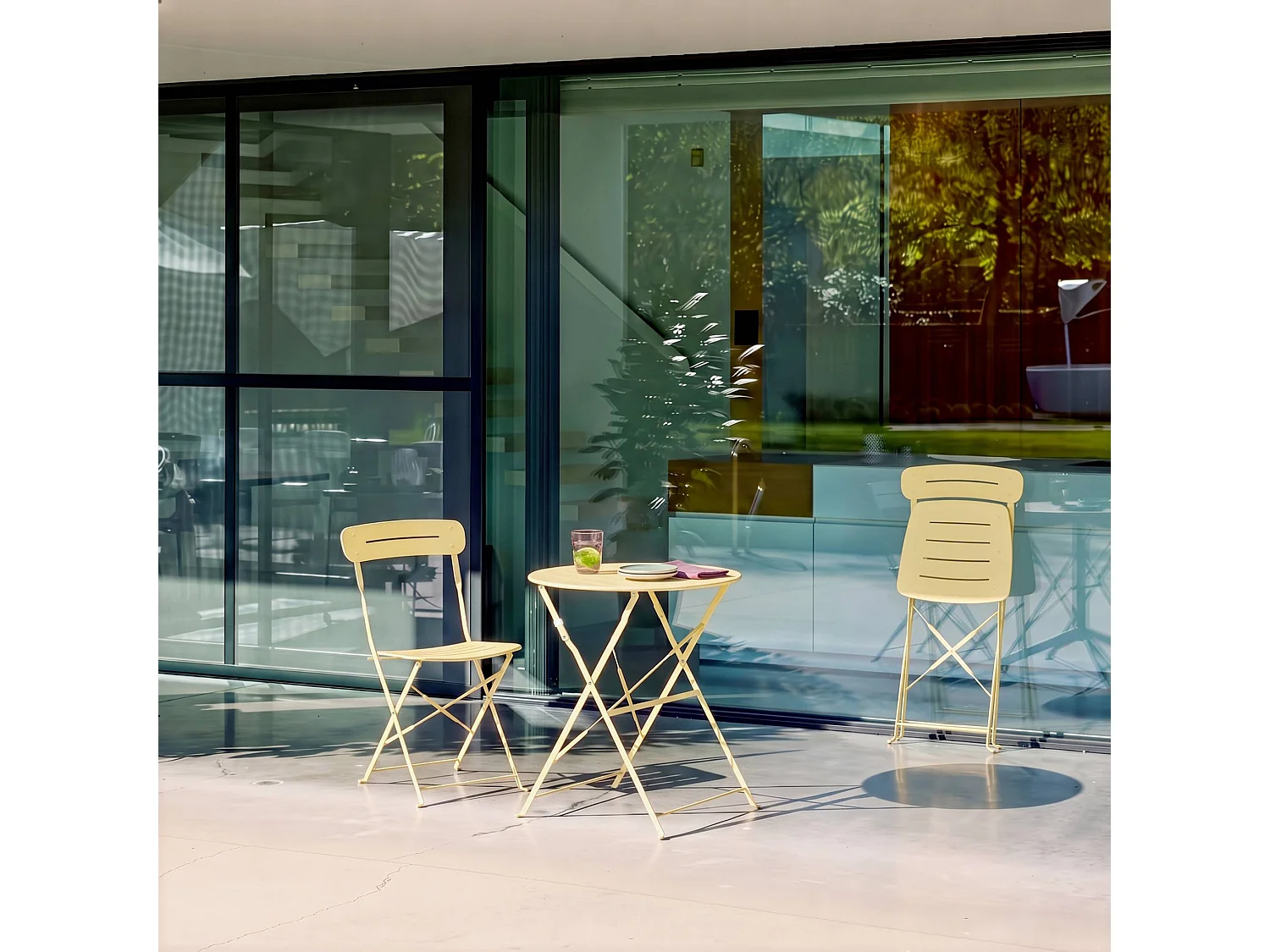 Set mesa de jardín bistró plegable redonda de acero con 2 sillas,