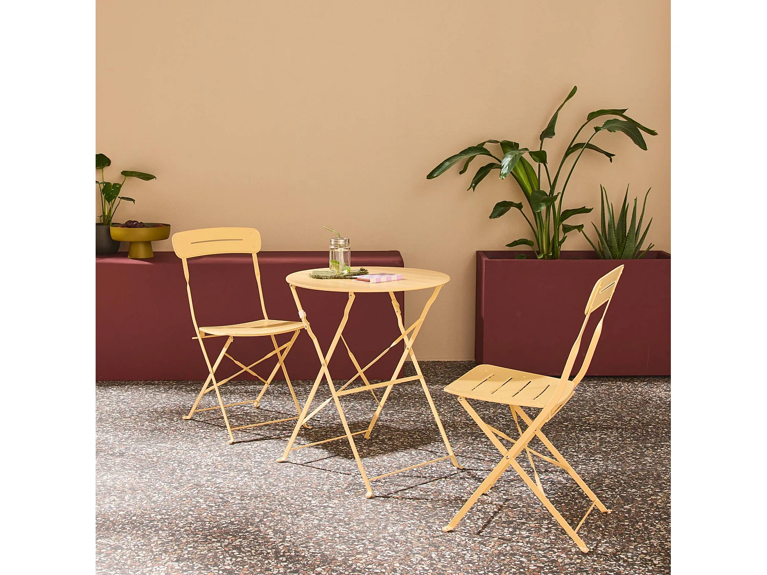 Table de jardin bistrot pliante ronde acier + 2 assises abricot - Balconea