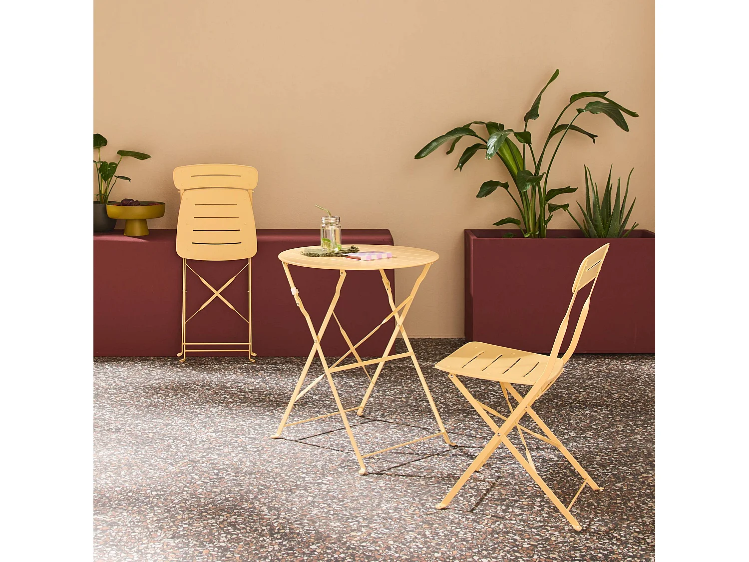 Table de jardin bistrot pliante ronde acier + 2 assises abricot - Balconea