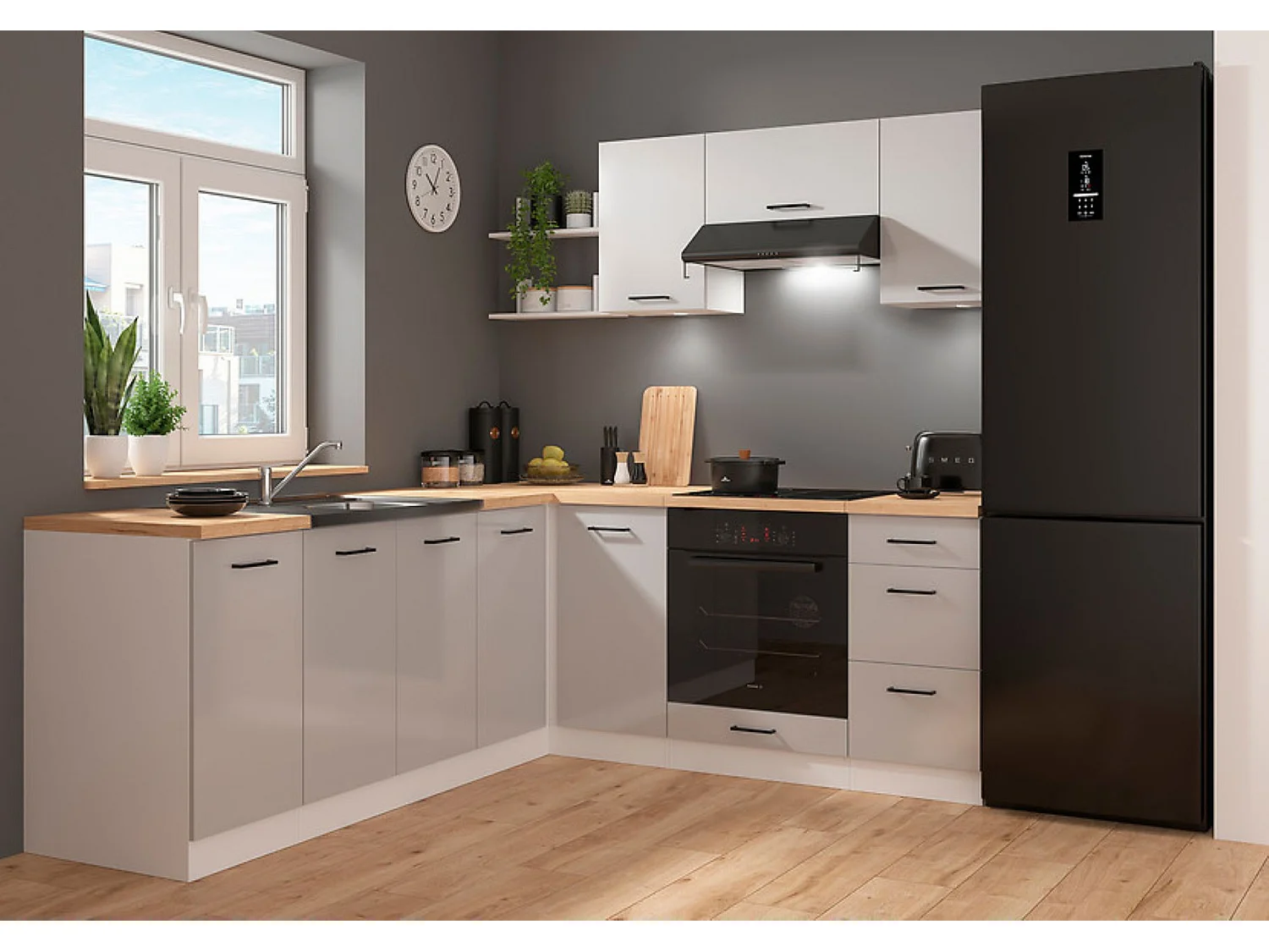 Cuisine d'angle complète 200x220 cm, Meubles de cuisine modulables coloris Gris clair brillant/Blanc, plan de travail Non inclus