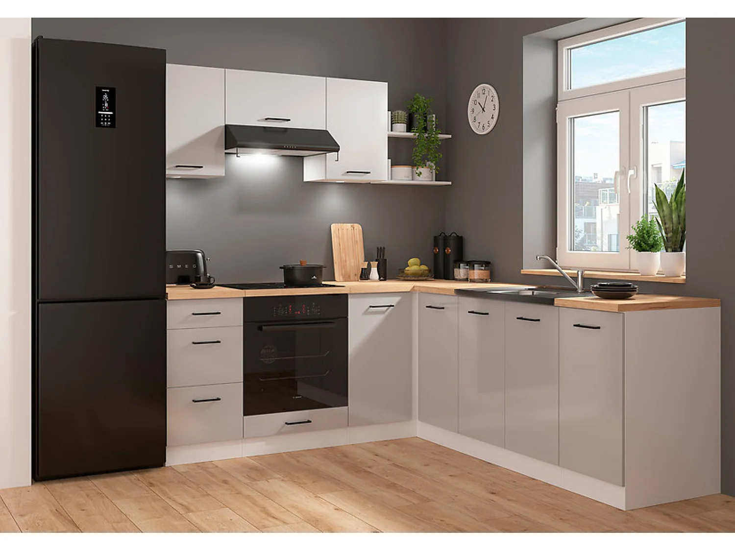 Cuisine d'angle complète 200x220 cm, Meubles de cuisine modulables coloris Gris clair brillant/Blanc, plan de travail Non inclus