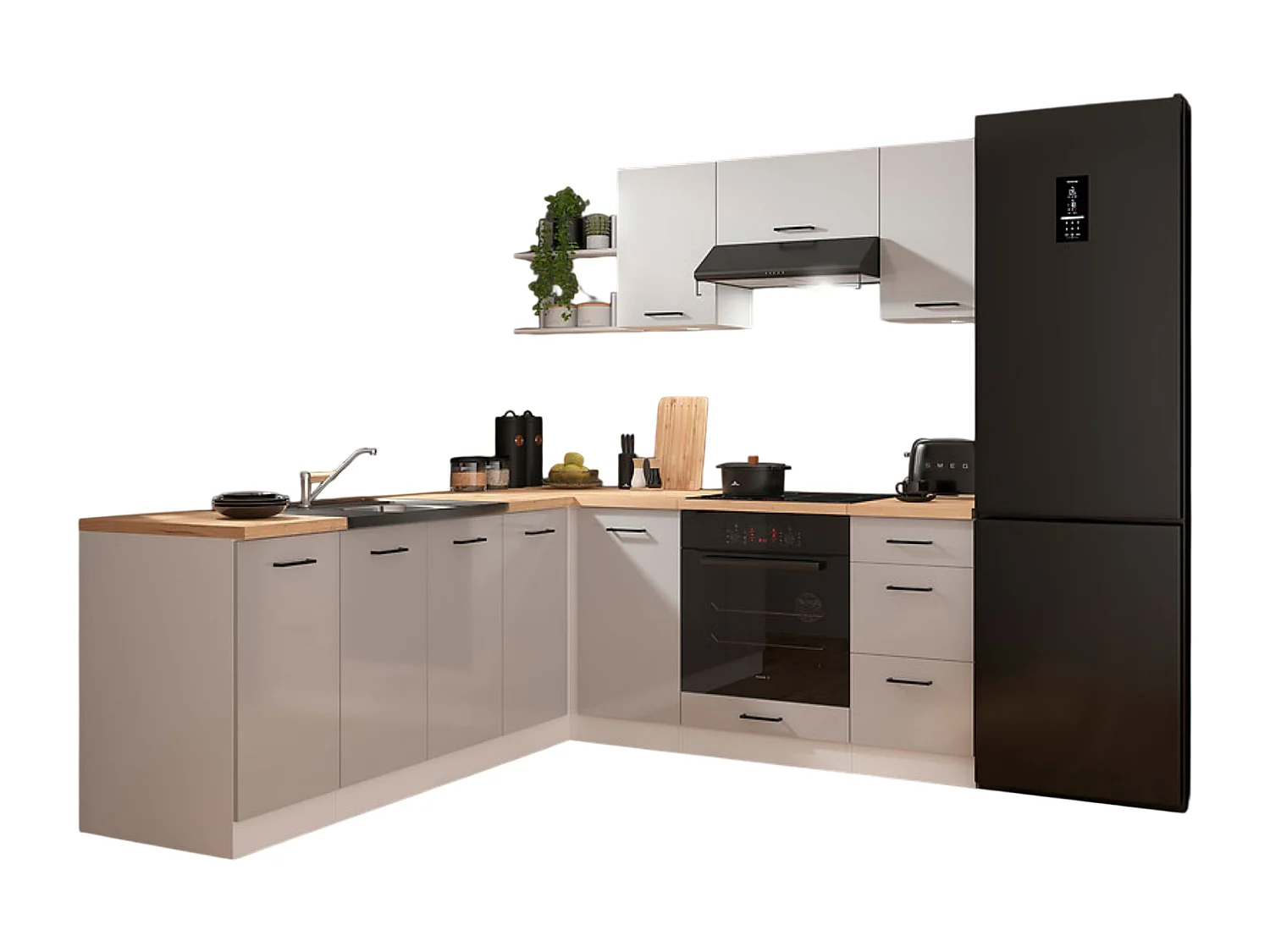 Cuisine d'angle complète 200x220 cm, Meubles de cuisine modulables coloris Gris clair brillant/Blanc, plan de travail Non inclus