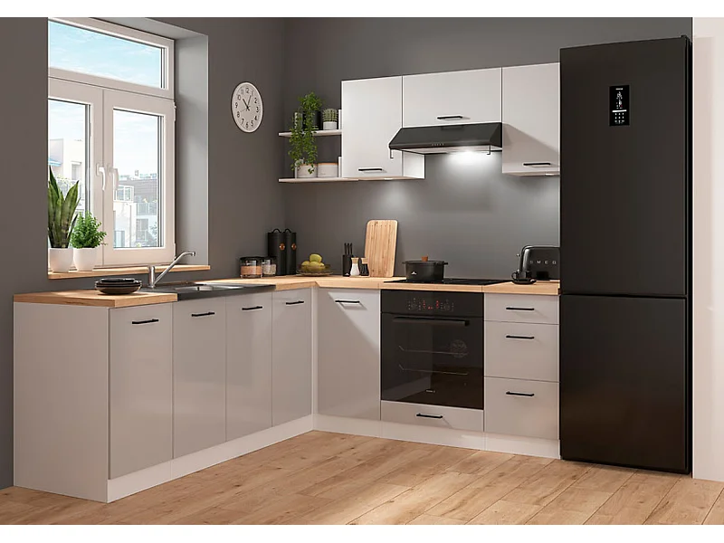 Cuisine d'angle complète 200x220 cm, Meubles de cuisine modulables coloris Gris clair brillant/Blanc, plan de travail Non inclus