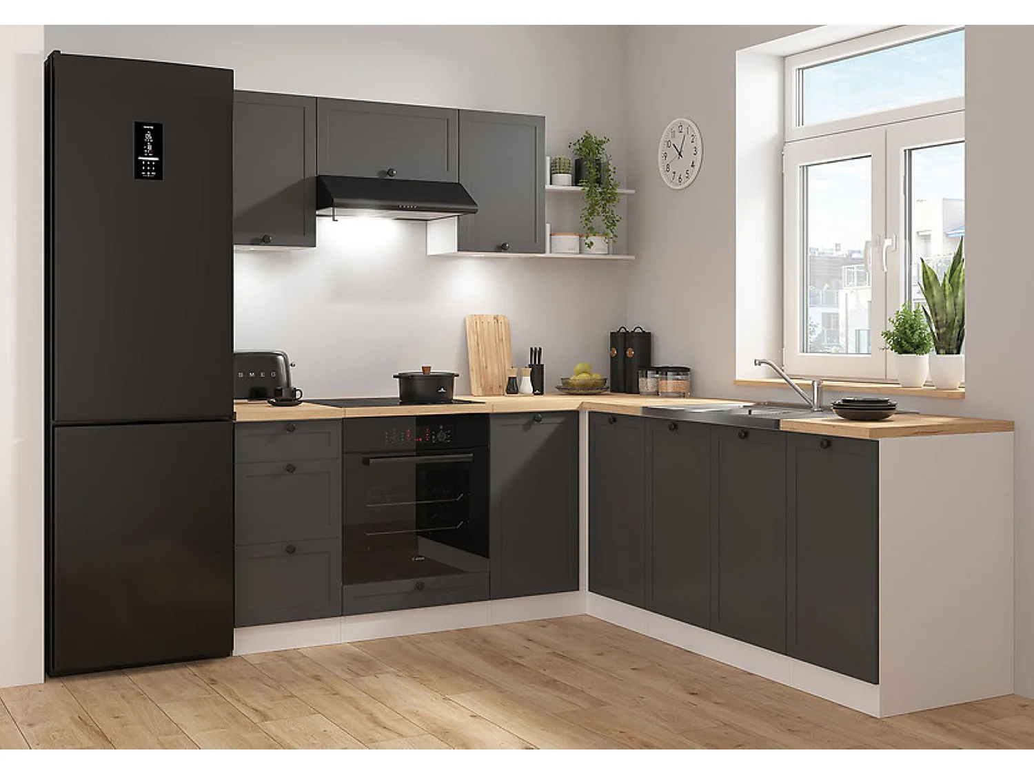 Cuisine d'angle complète 200x220 cm, Meubles de cuisine modulables coloris Gris graphite/Blanc, plan de travail Non inclus