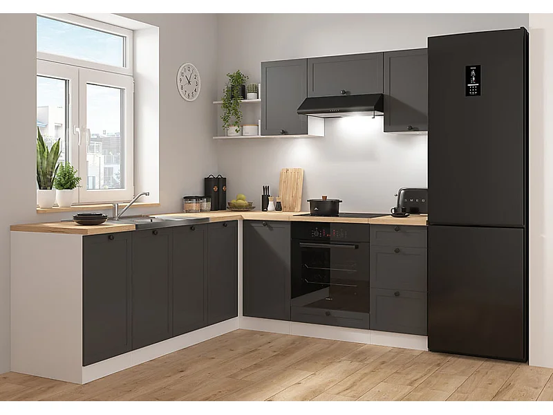 Cuisine d'angle complète 200x220 cm, Meubles de cuisine modulables coloris Gris graphite/Blanc, plan de travail Non inclus