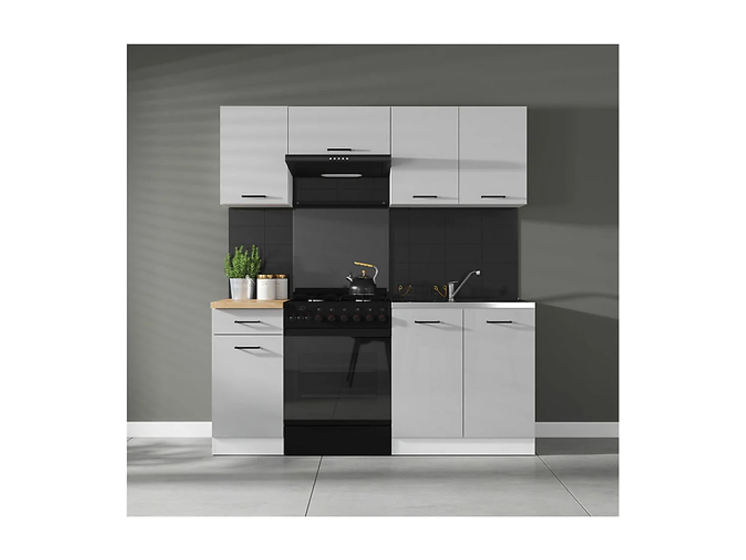 Cuisine complète 180 cm,Ensemble de meuble de cuisine coloris gris clair brillant, sans plan de travail