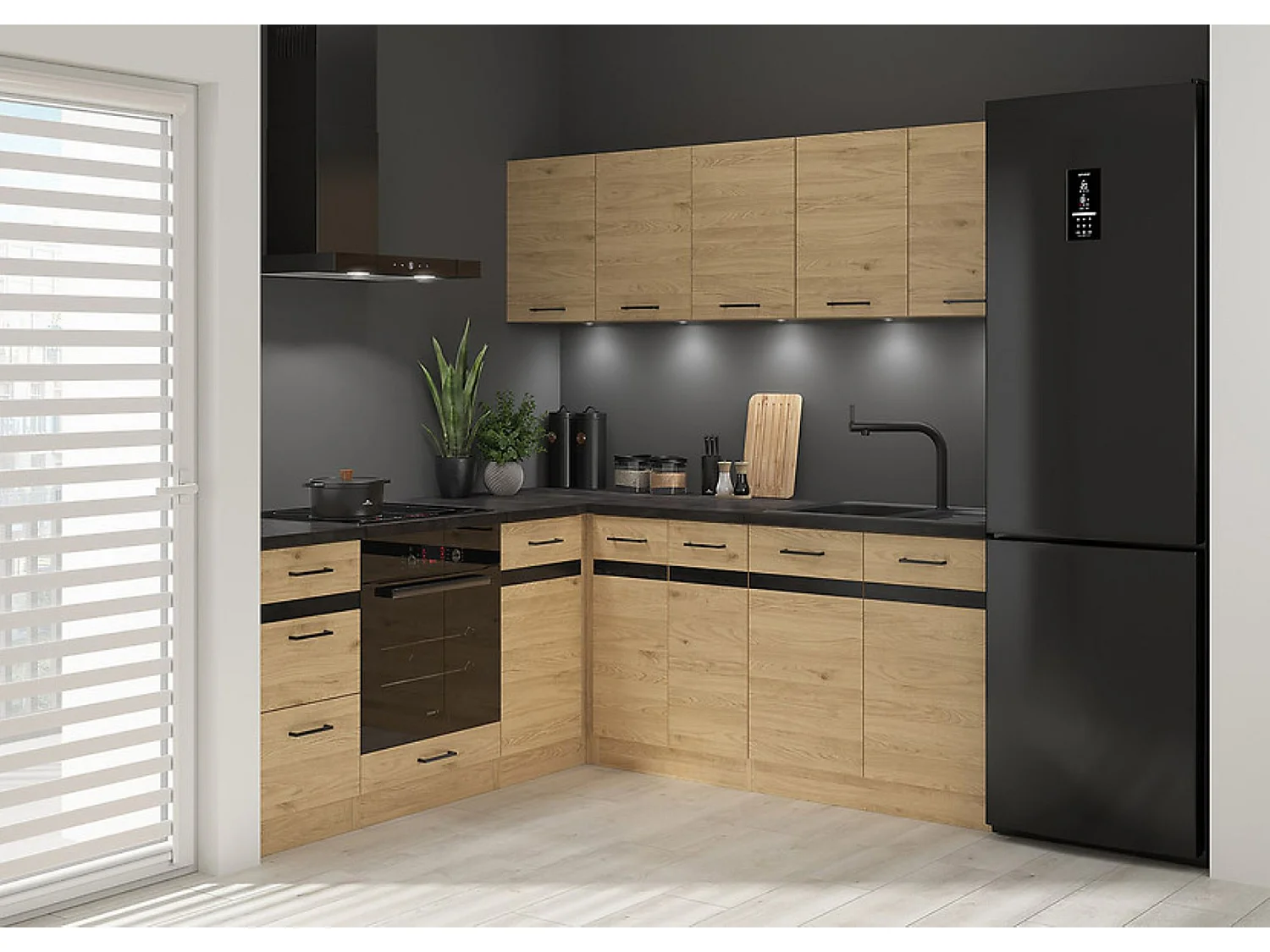 Cuisine d'angle complète 200x200 cm, Meubles de cuisine modulables coloris Chêne bernstein, plan de travail Non inclus