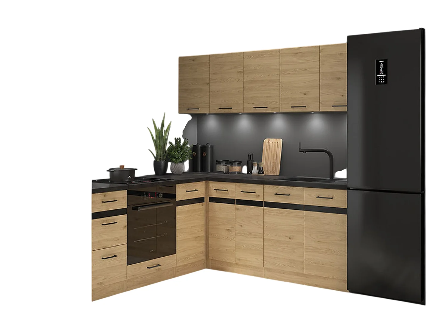 Cuisine d'angle complète 200x200 cm, Meubles de cuisine modulables coloris Chêne bernstein, plan de travail Non inclus