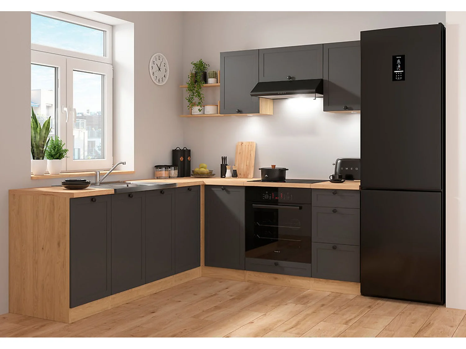 Cuisine d'angle complète 200x220 cm, Meubles de cuisine modulables coloris Gris graphite/Chêne bernstein, plan de travail Non inclus