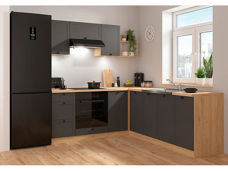 Cuisine d'angle complète 200x220 cm, Meubles de cuisine modulables coloris Gris graphite/Chêne bernstein, plan de travail Non inclus