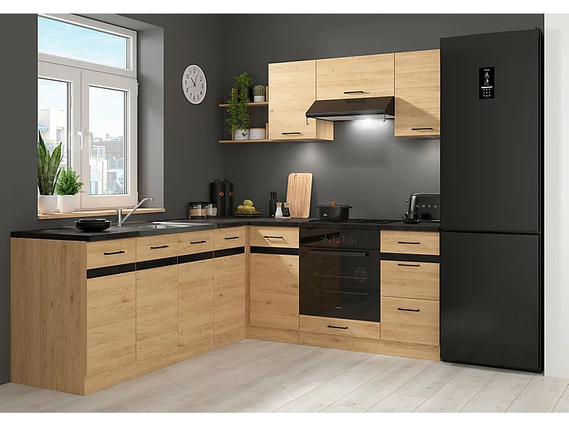 Cuisine d'angle complète 200x220 cm, Meubles de cuisine modulables coloris Chêne bernstein, plan de travail Non inclus