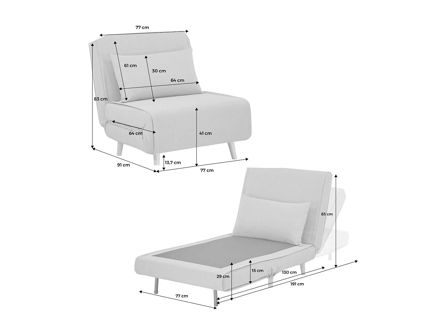 Poltrona letto convertibile tessuto con piedi in legno 1 posto