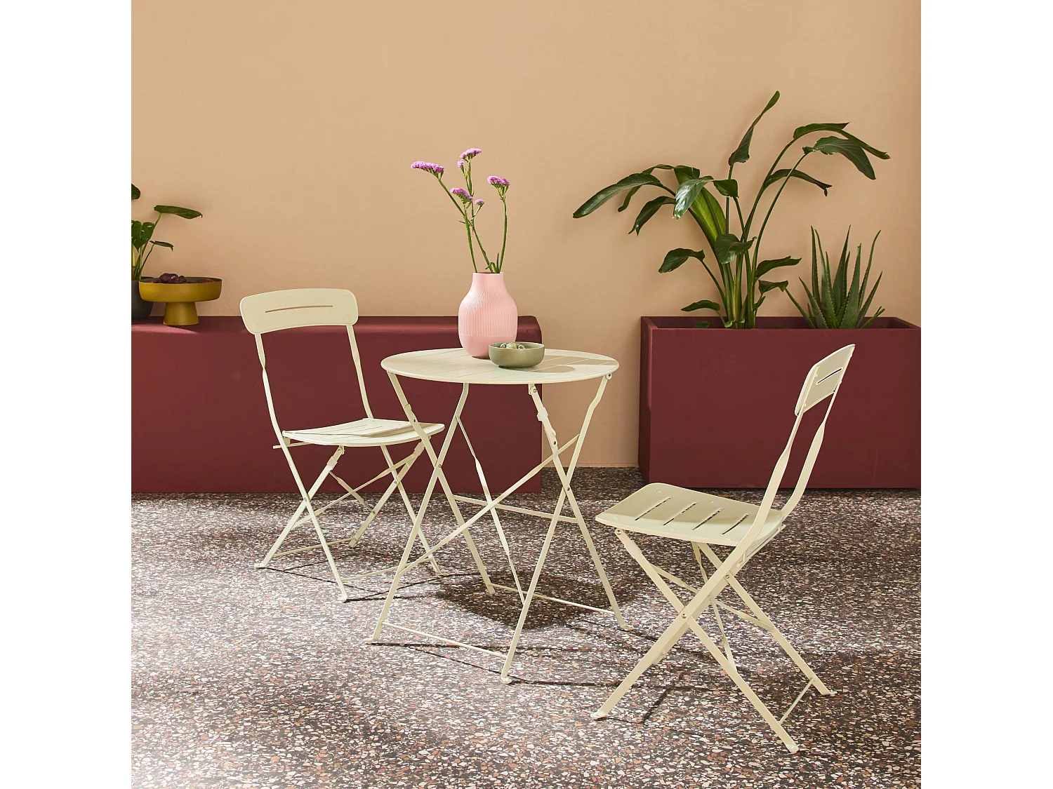 Table de jardin bistrot pliante ronde acier + 2 assises vert - Balconea