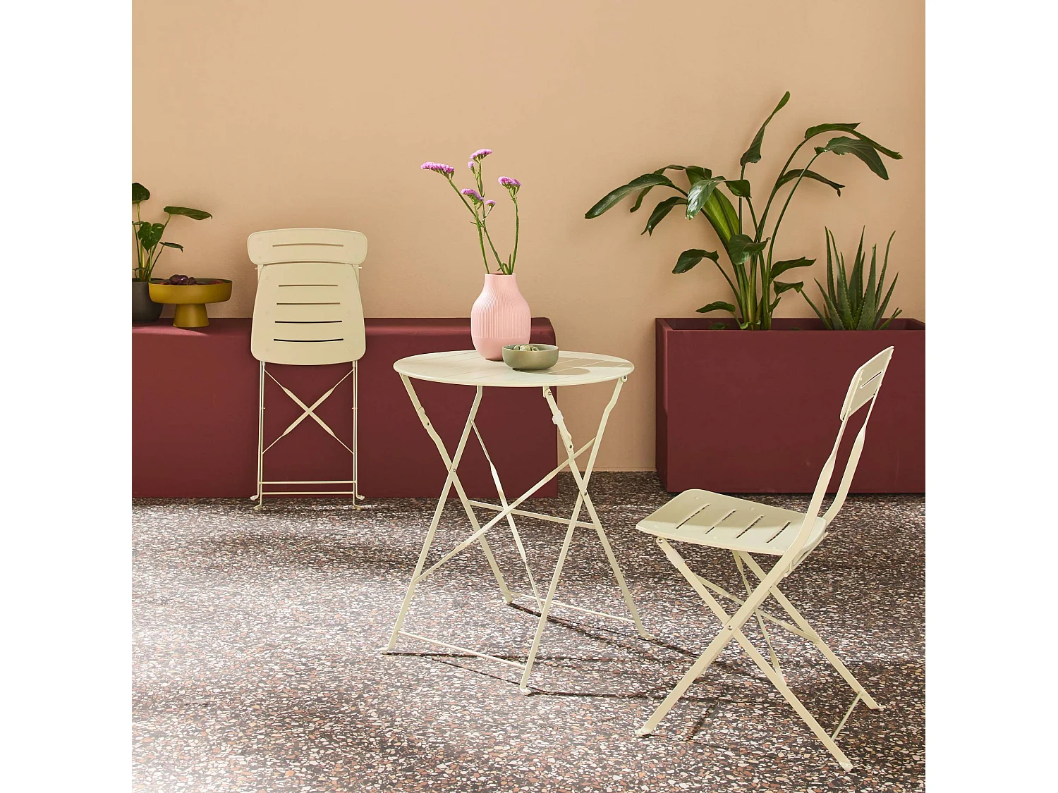 Table de jardin bistrot pliante ronde acier + 2 assises vert - Balconea