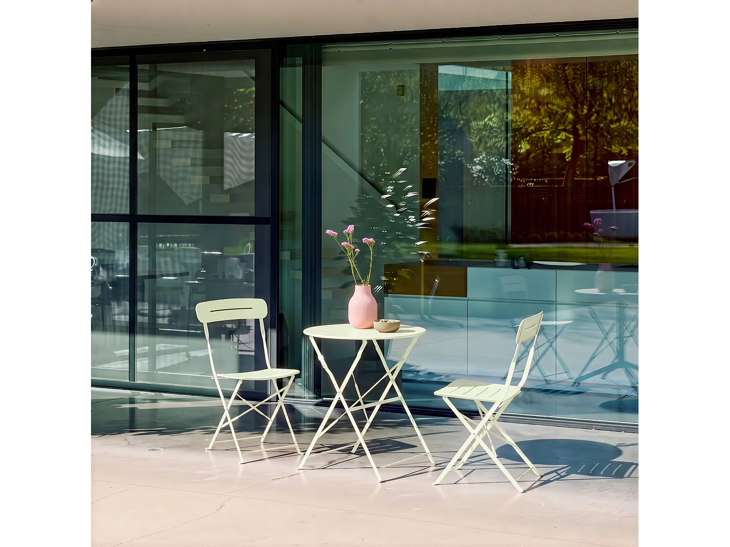 Set mesa de jardín bistró plegable redonda de acero con 2 sillas,