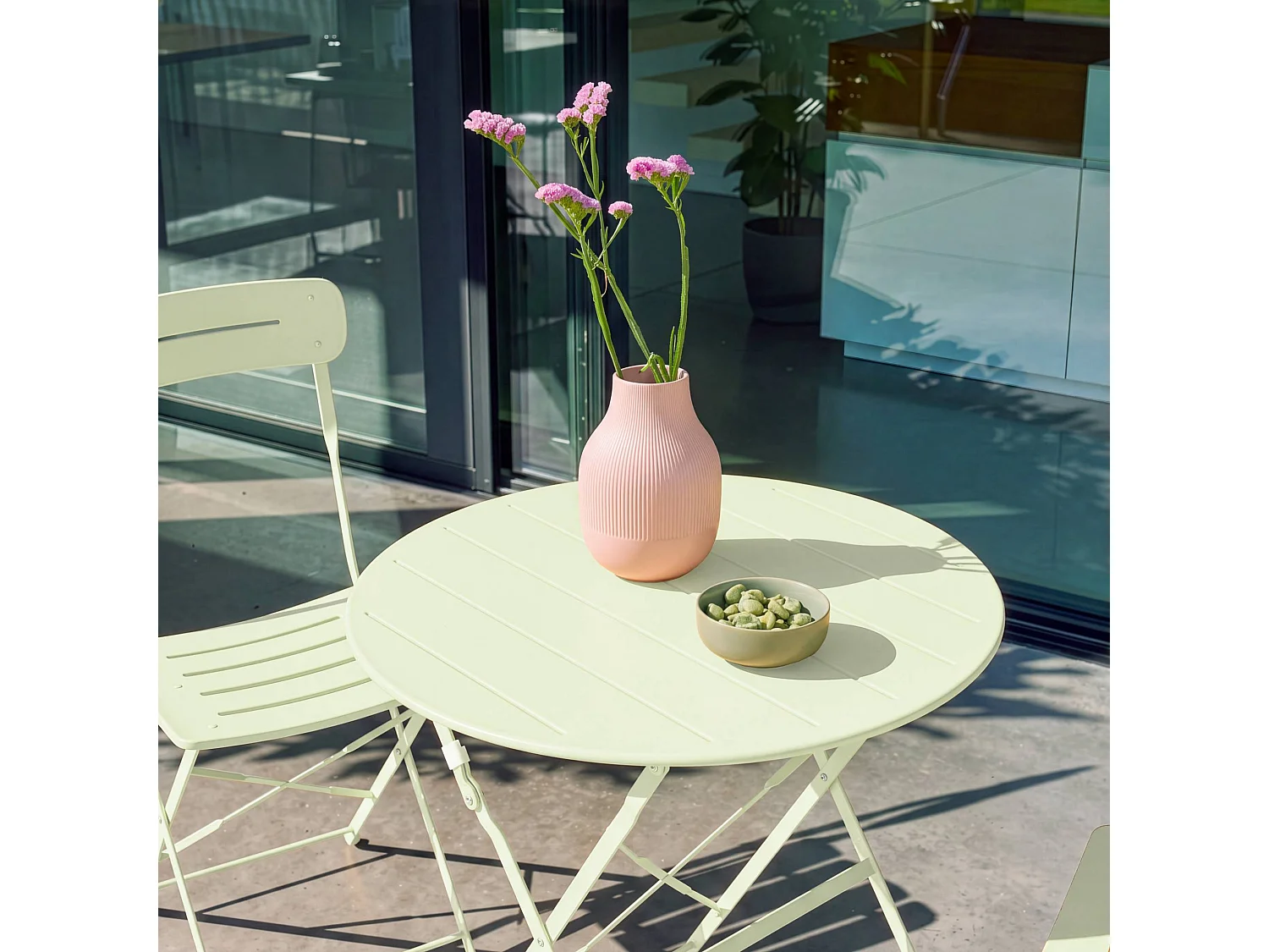 Set mesa de jardín bistró plegable redonda de acero con 2 sillas,