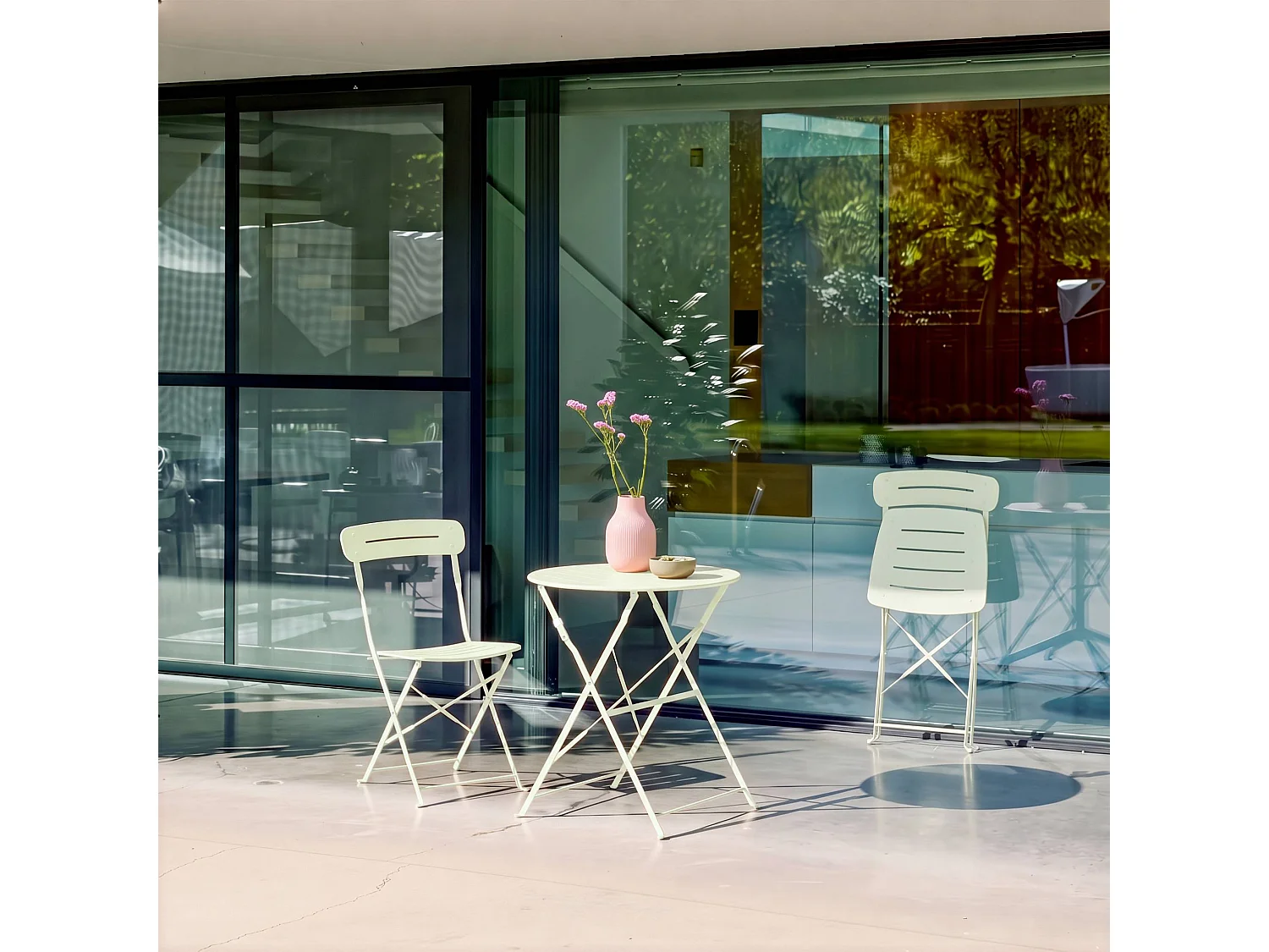 Set mesa de jardín bistró plegable redonda de acero con 2 sillas,