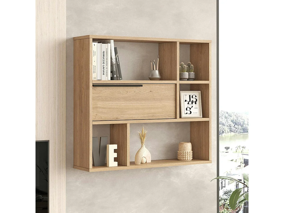 Etagère murale décor bois rangement fermé 5 niches MARFA