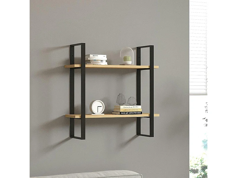 Étagère murale moderne décor bois clair et cadres métal JENA