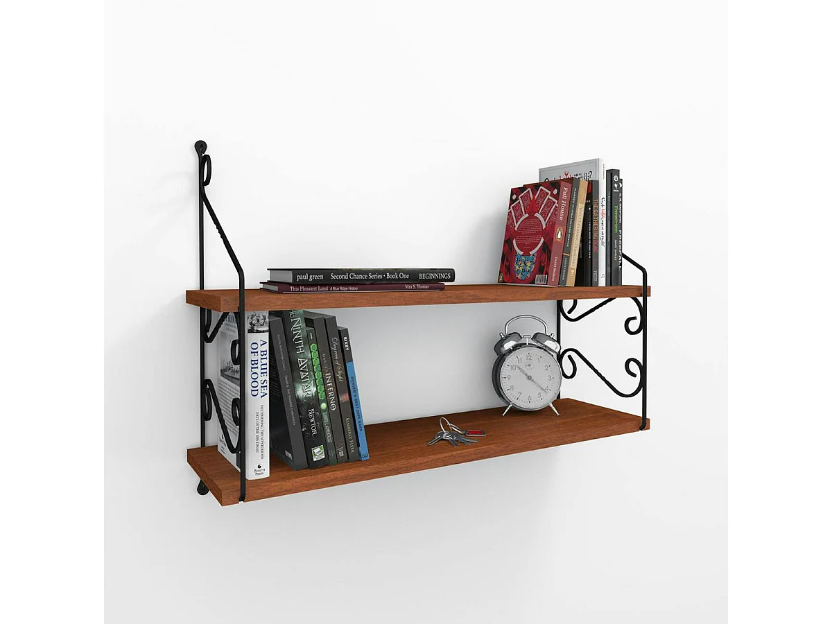 Etagère murale décor bois noyer 2 plateaux avec volutes JENA