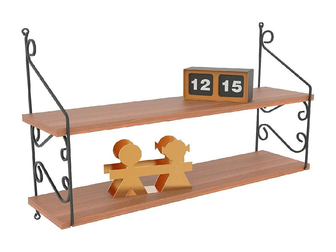 Etagère murale décor bois noyer 2 plateaux avec volutes JENA