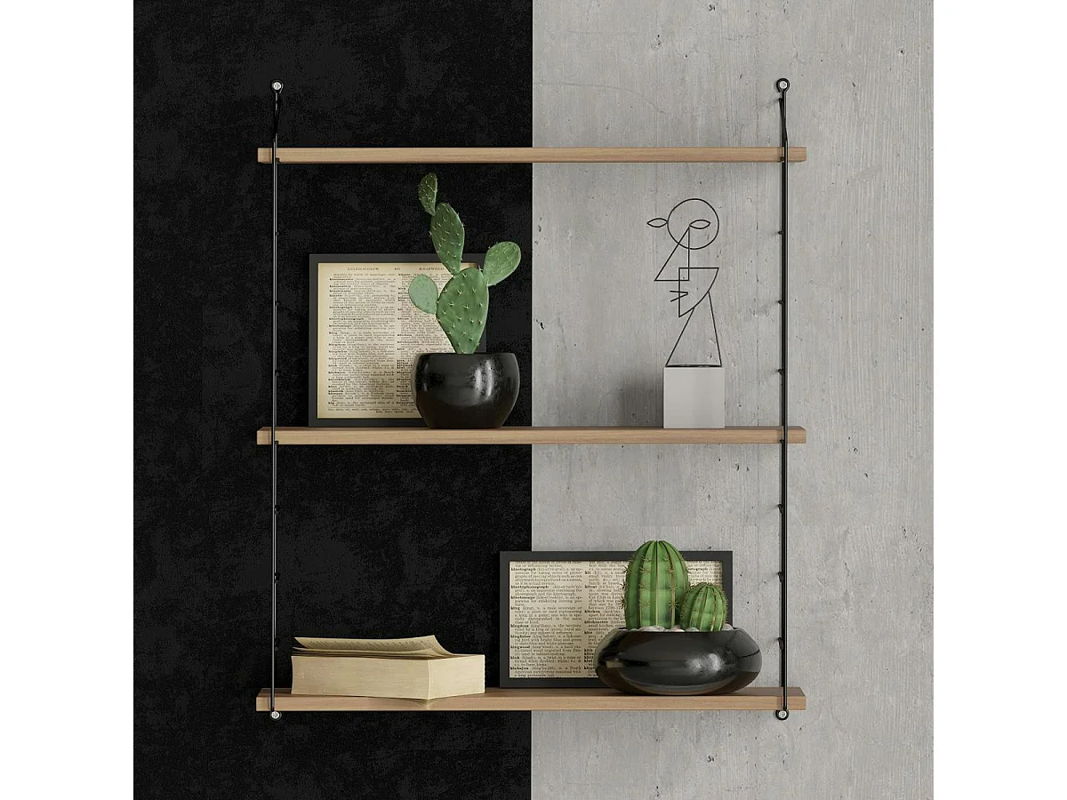 Étagère murale décor bois noyer et métal noir 3 plateaux JENA