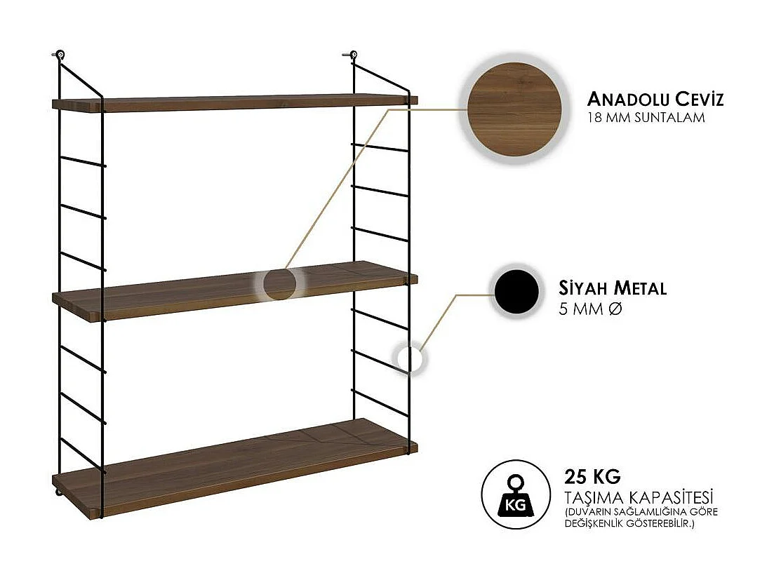 Étagère murale décor bois noyer et métal noir 3 plateaux JENA