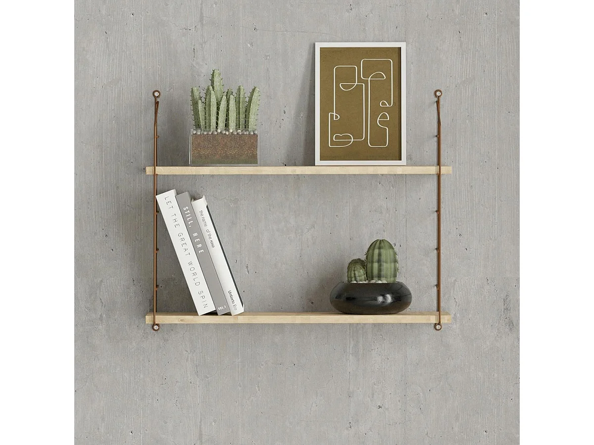 Etagère murale décor chêne 2 plateaux montants cuivrés JENA