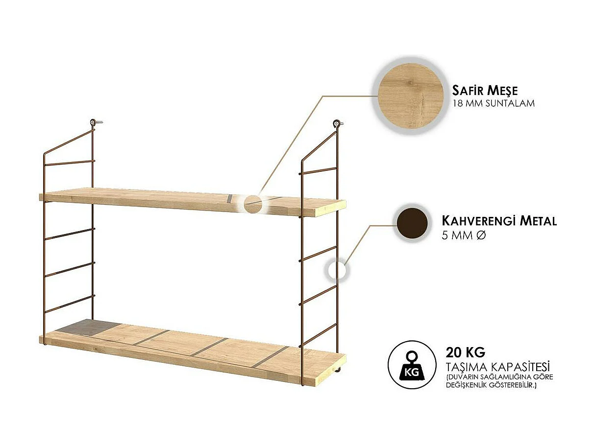Etagère murale décor chêne 2 plateaux montants cuivrés JENA