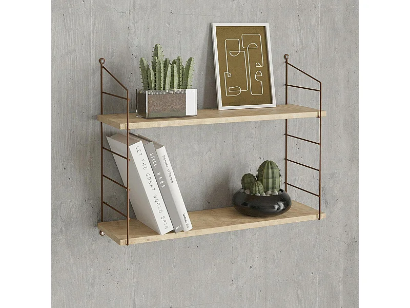 Etagère murale décor chêne 2 plateaux montants cuivrés JENA