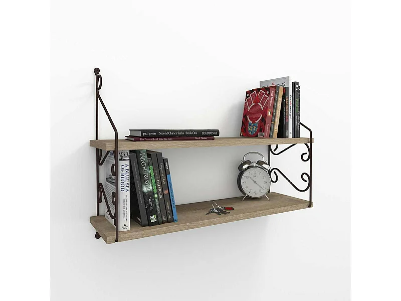 Etagère murale décor bois foncé 2 plateaux avec volutes JENA